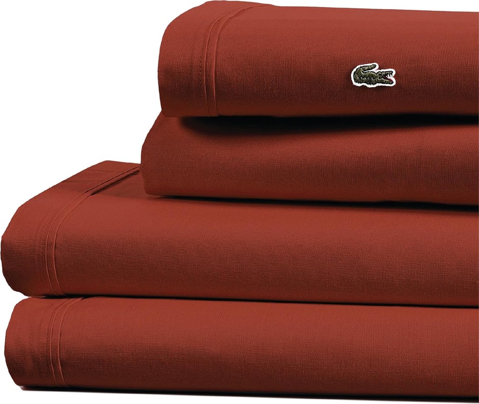 LACOSTE Twin Percale Solid Sheet Set, 100% Cotton, Chili Pepper. RRP: $68.