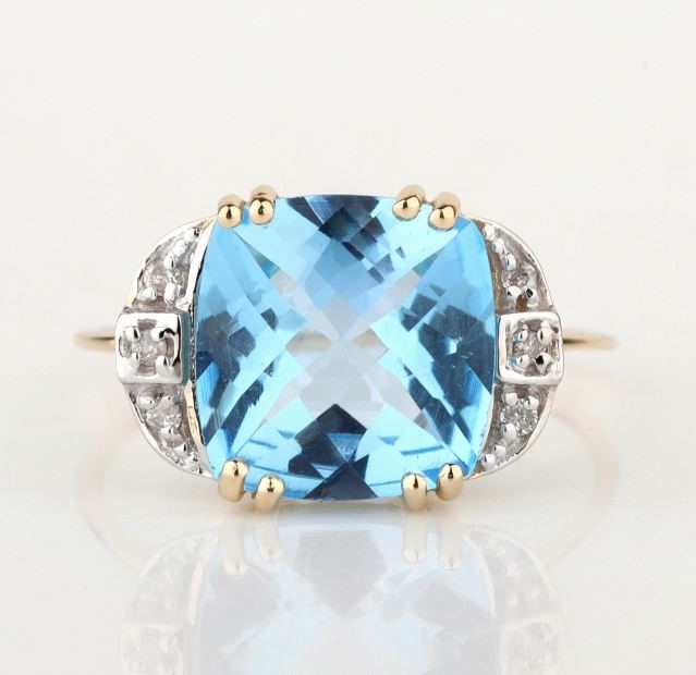 Yellow Gold Natural Swiss Blue Topaz & Diamond Ring  with Valuation