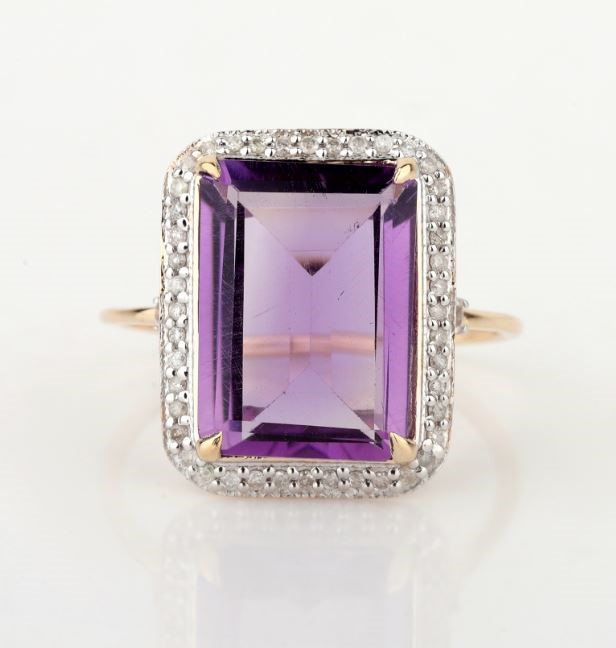 Yellow Gold Natural Amethyst & Diamond Ring  with Valuation