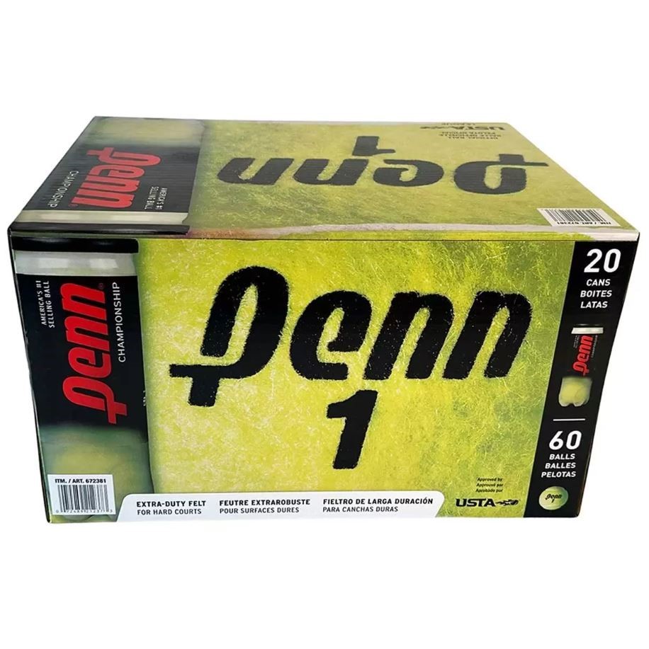Box of 60pc PENN Extra Duty Felt Tennis Balls (20 Cans x 3 Balls). N.B: Dam