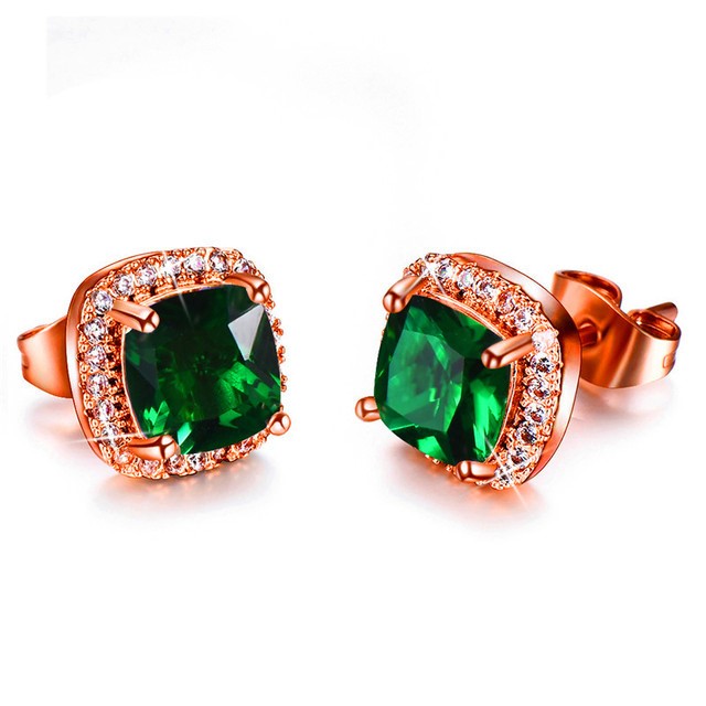 Stunning Green Square Simulated Diamond Bridal Stud Earrings in Rose