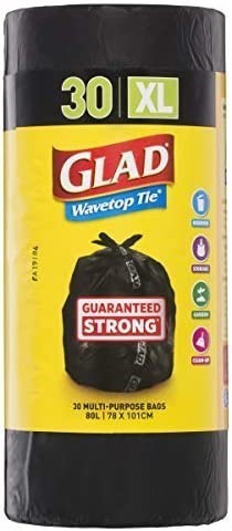 7 x GLAD Roll of 30pk Wavetop Tie Garbage Bags, 100cm x 78cm Size XL, Black