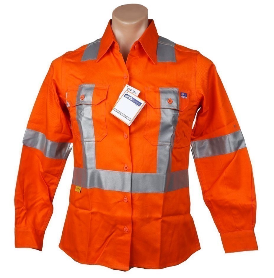 5 x WORKSENSE Ladies Open Front L/S Shirt, Size 12, Orange.  Buyers Note -