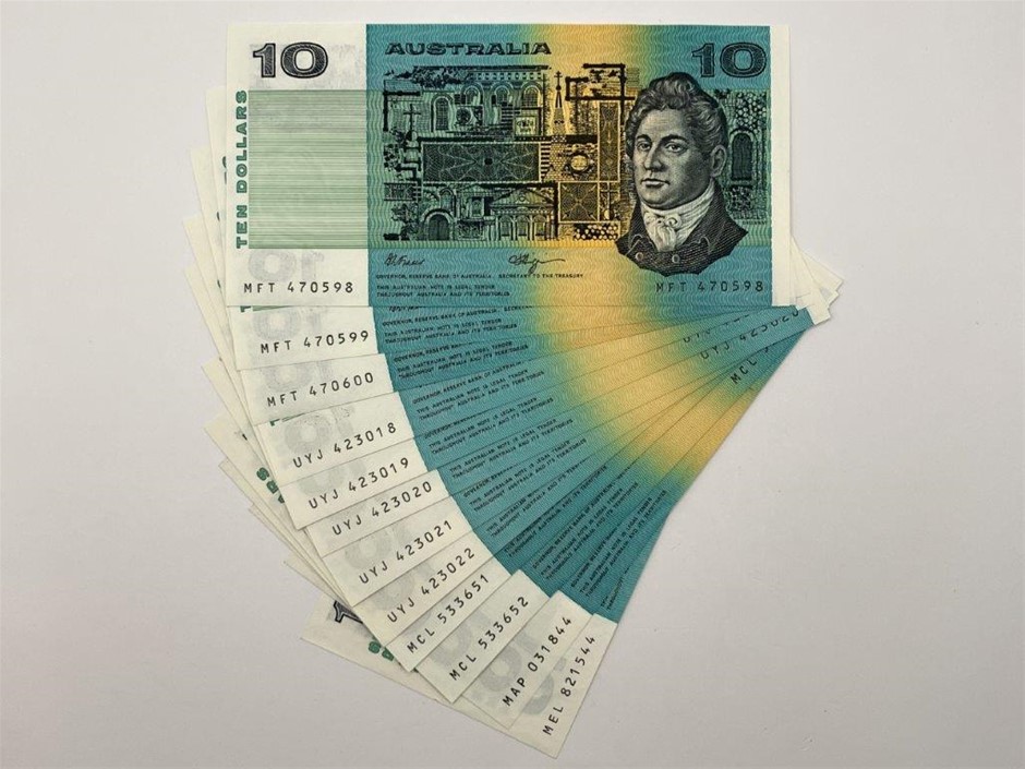 Approx 12 x AU 'Ten Dollar' Paper Banknotes, Asstd prefixes C:1989-90 ...