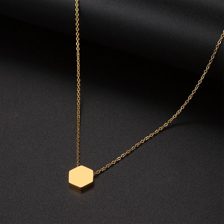 Stainless Steel Hexagon Necklace in Gold