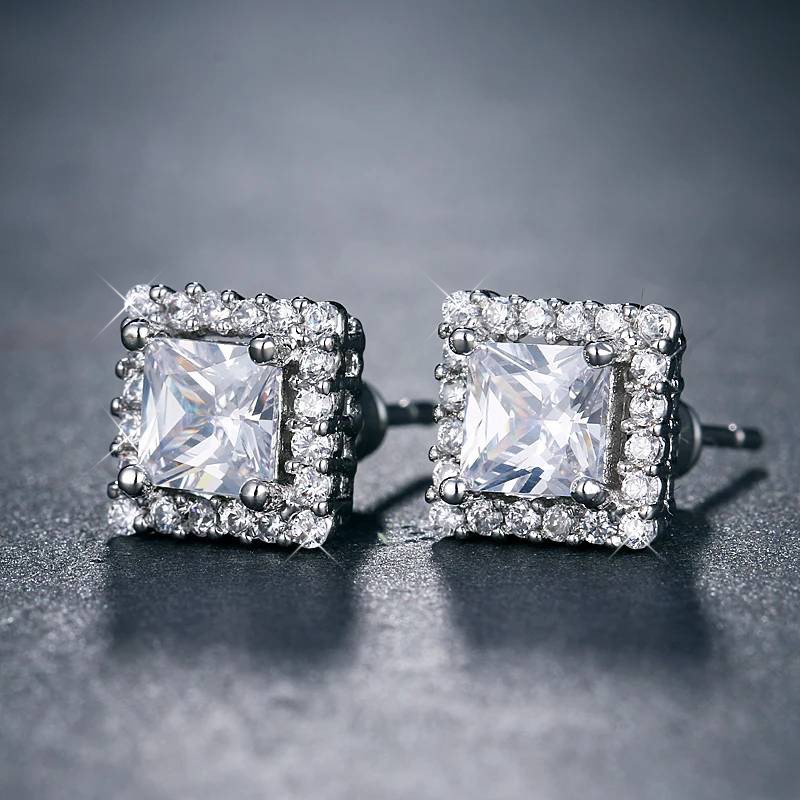 Designer Statement Simulated Diamond Square Earrings in Silver