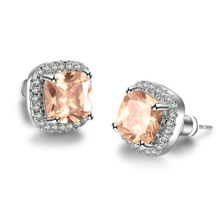 Stunning Square Simulated Diamond Bridal Stud Earrings - Champagne