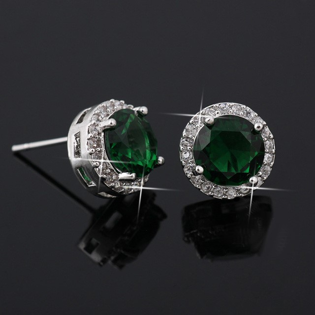 Designer Green Round Stud Earrings in Silver
