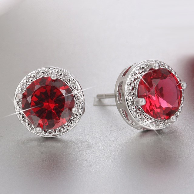 Designer Pink Round Simulated Diamond Bridal Earrings in Silver