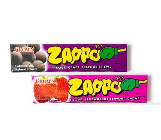 70 x ZAPPO Sour Flavour Chews, Mixed Flavours (Grape & Strawberry), 26g.