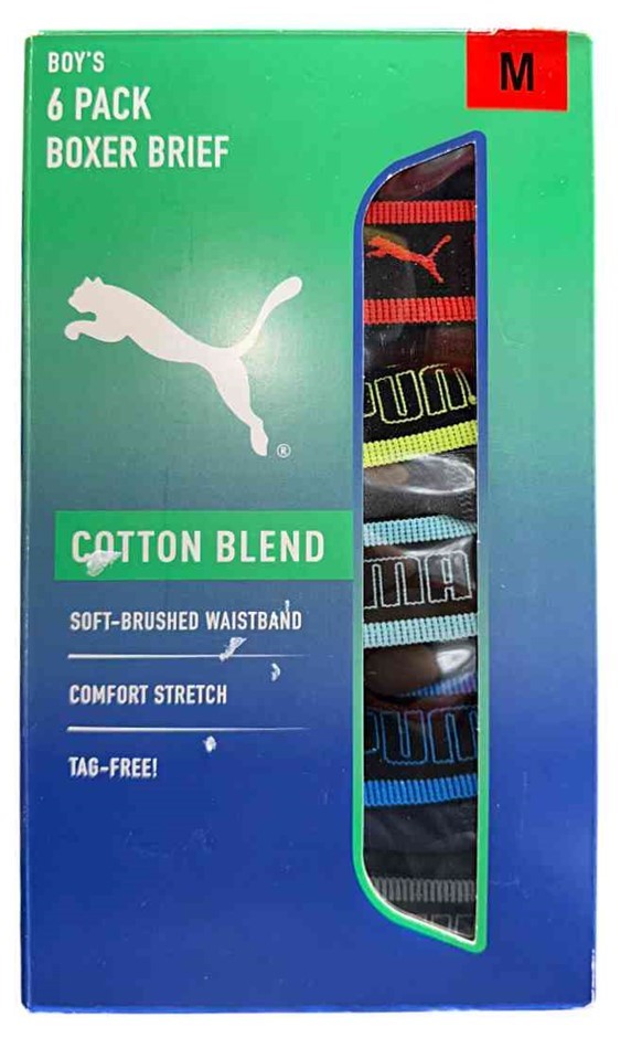 6 PACK PUMA Boy's Boxer Brief Cotten Blend, Size M, Assorted Colours