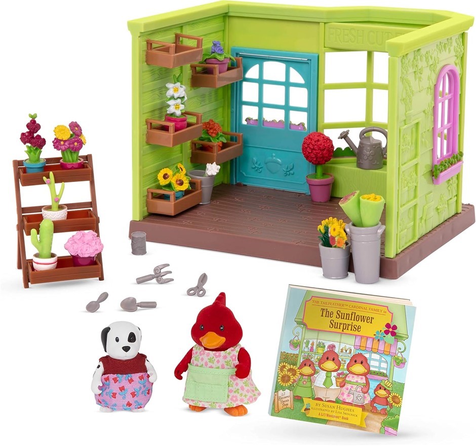 LI'L WOODZEEZ Toy Flower Shop Animal Figurines, Storybook Included.