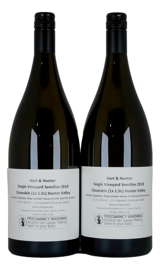 Hart & Hunter Hart Cleanskin Semillon 2018 (2x 1.5L), NSW. 