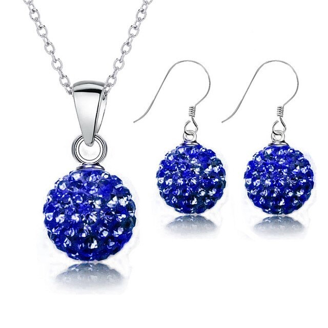 925 Sterling Silver Blue Crystal Disco Ball Earring & Necklace Set