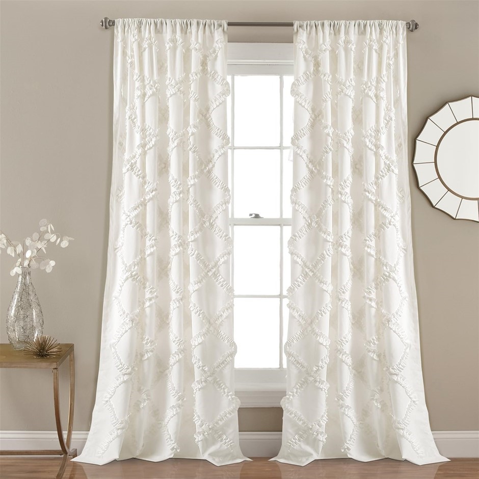 LUSH DECOR White Ruffle Diamond Curtains Textured Window Panel Set for Livi