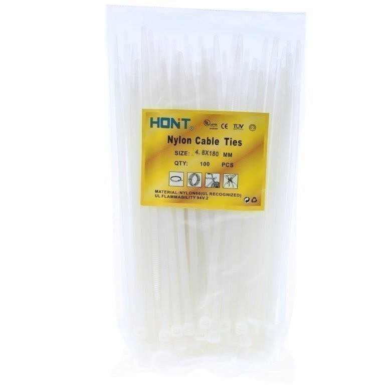 5 Packs Of Cable Ties Each 100pcs, 4.8mm x 200mm, White.