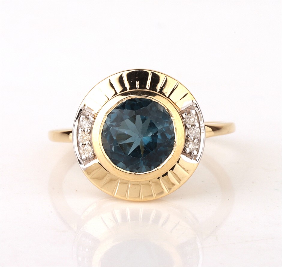Yellow Gold Natural London Blue Topaz & Diamond Ring with Valuation