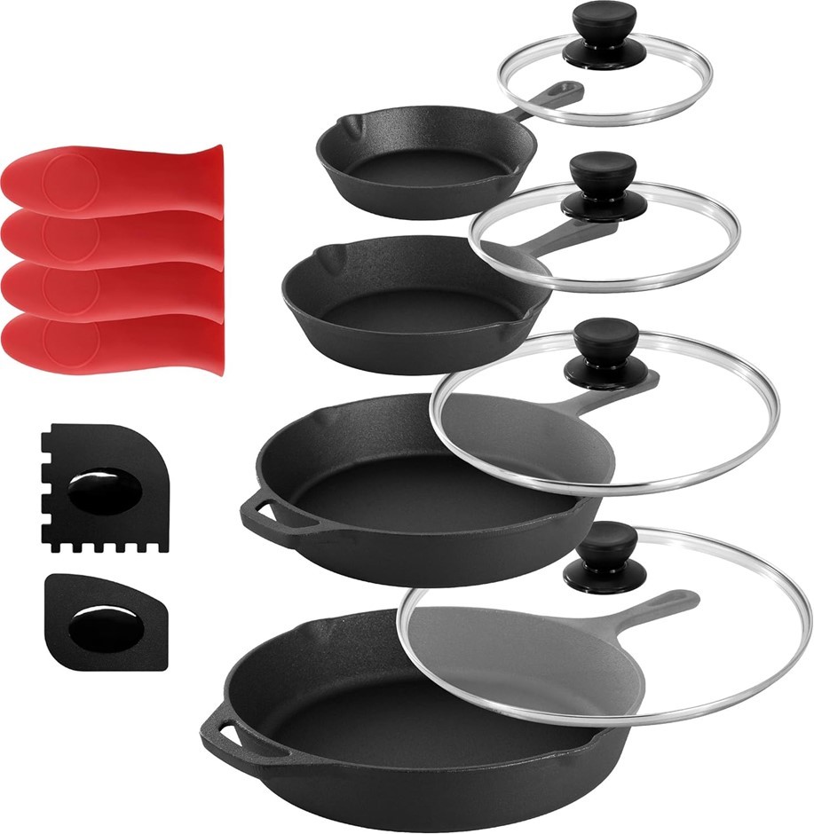 MEGACHEF 13 Piece Pre-Seasoned Cast Iron Skillet Set with Temperd Glass Lid