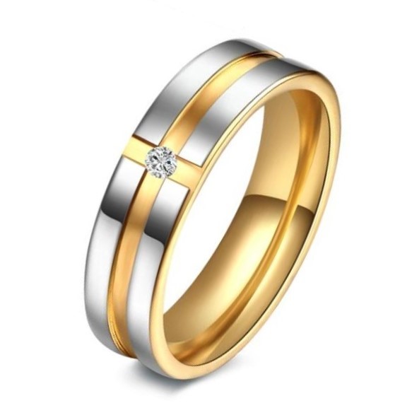 Classic Stainless Steel Simulated Diamond Two Tone Band Ring - US Size 6