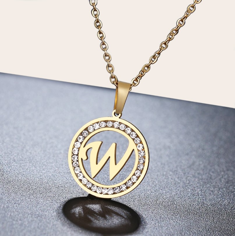 Stainless Steel Initial 'W' Necklace with Simulated Diamonds - Yellow