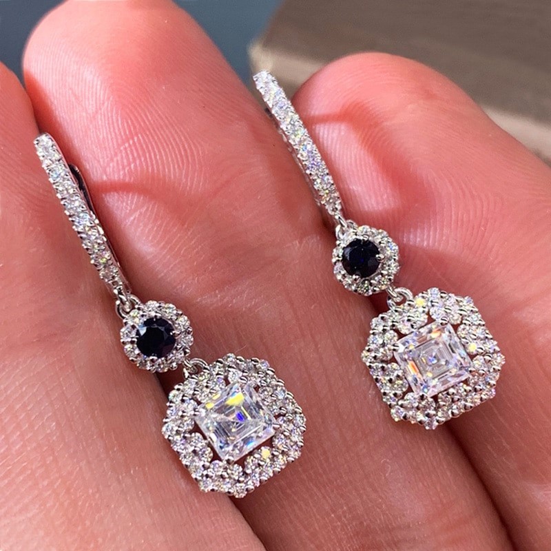 Designer Statement Simulated Diamond Drop Earrings (blue stone)