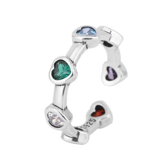 Designer Multi-colour Love Heart Band Ring in Silver - Adjustable Size