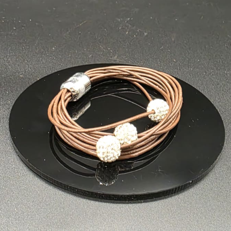 Designer Simulated Diamond Triple Ball Bracelet  with Multi Brown Bands