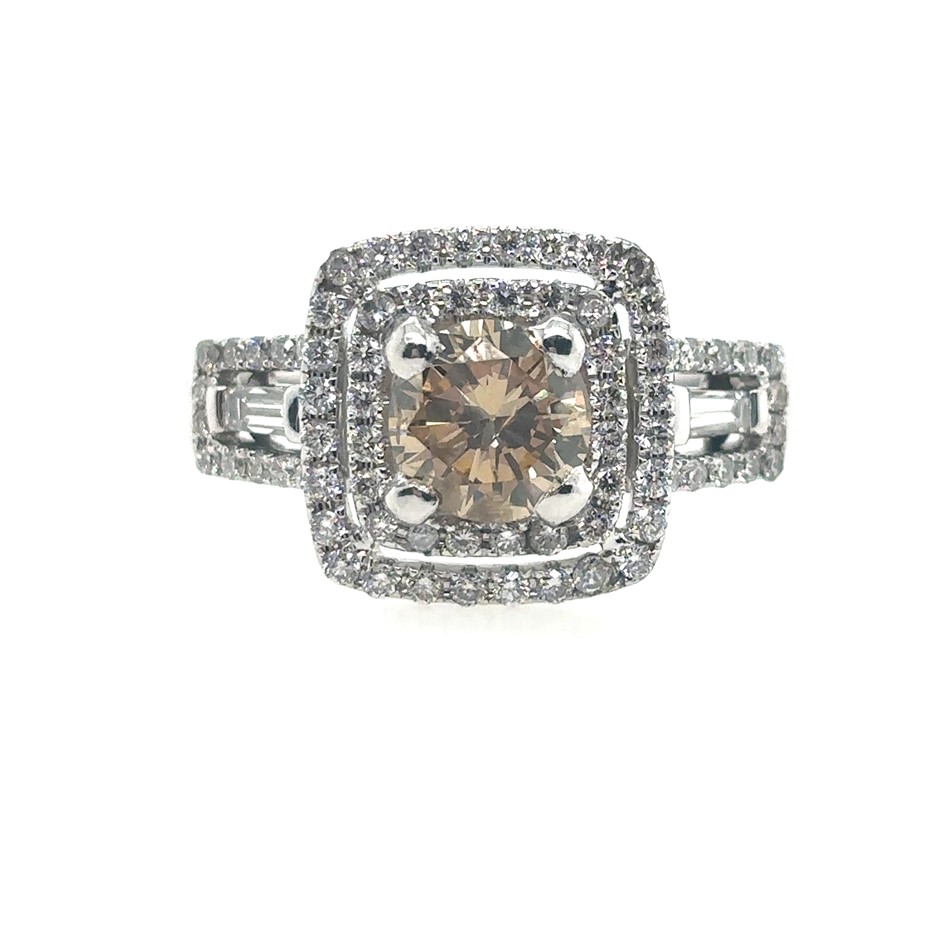 1.01ct Round Dia. Fancy Yellow Brown/SI & 0.73ct. Two Stones Baguette Dia