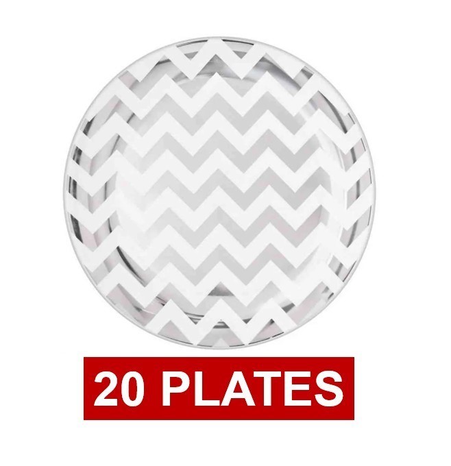 20 Pieces AMSCAN Plastic Dinner Plate, Silver Chevron 26.6cm