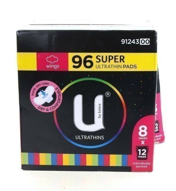 U BY KOTEX 96pk Super Ultra Thin Pads w/ Wings. N.B. Damaged packaging.