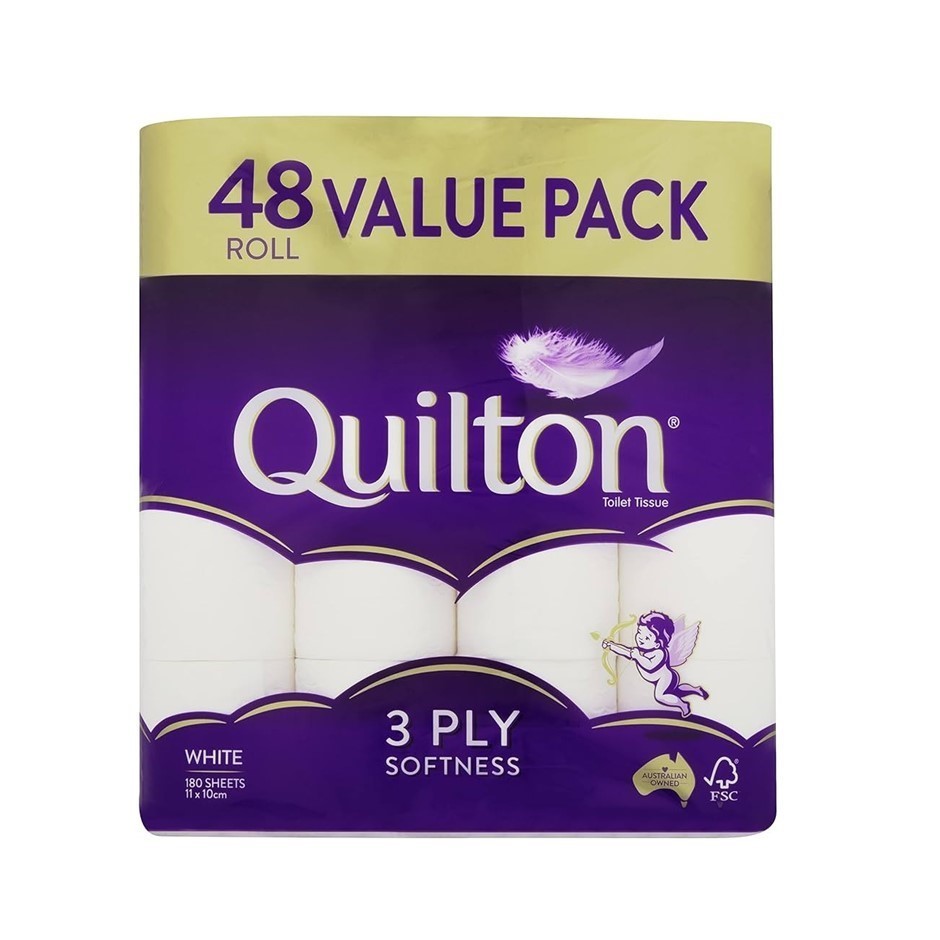 QUILTON 48pk 3-Ply Toilet Paper. NB: Damaged packaging & 2 x rolls are miss