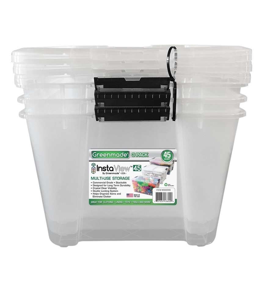 3 x GREENMADE InstaView 45 Multi-Use Storage Bin, 45 Quart, Clear.