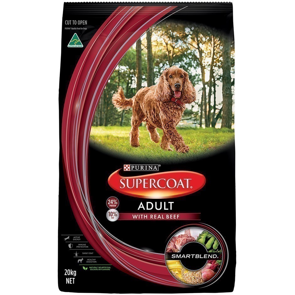 PURINA Supercoat Adult w/ Real Beef Dog Food, 20kg. N.B. Damaged packaging.