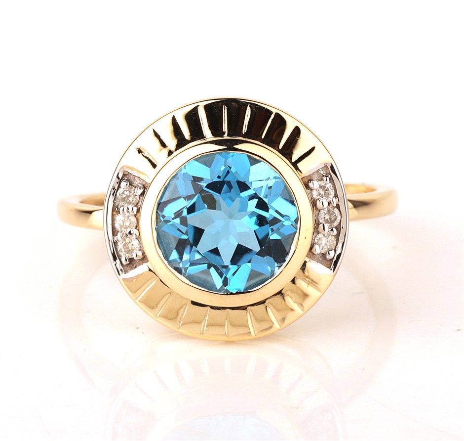 Yellow Gold Natural Swiss Blue Topaz & Diamond Ring with Valuation