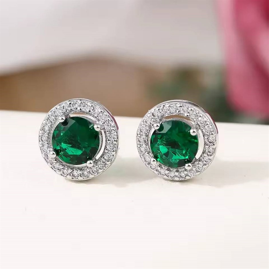 Designer Simulated Diamond Green Round Stud Earrings in Silver