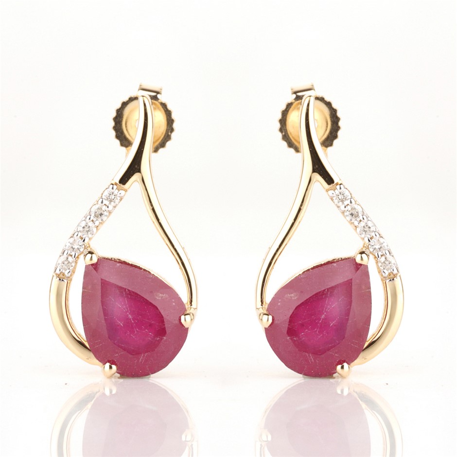 Yellow Gold Natural Ruby & Diamond Earrings with Valuation