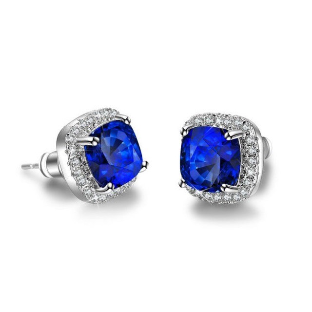 Stunning Square Simulated Diamond Bridal Stud Earrings - Blue