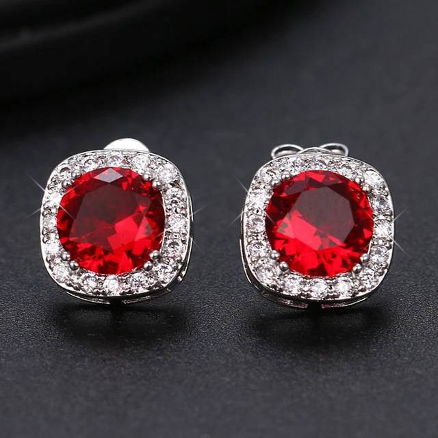 Designer Red Simulated Diamond Earrings in Silver
