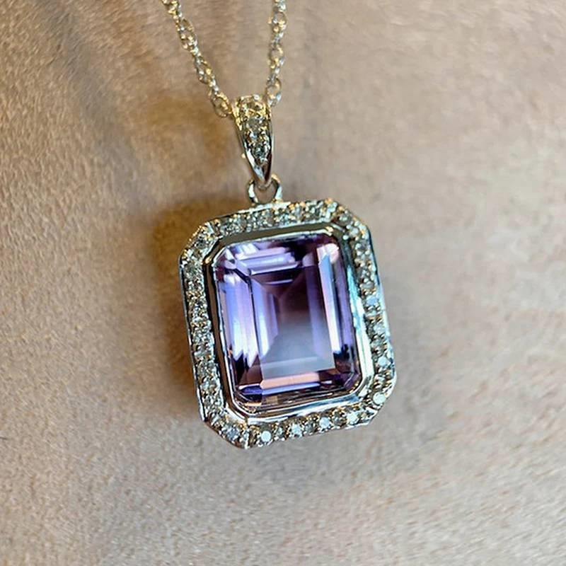 Stunning Simulated Diamond Purple Rectangular Pendant in Silver