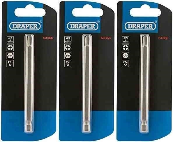 3 x DRAPER 64366 No.3 1/4" Hex Cross Slot Insert Bit 100mm Long