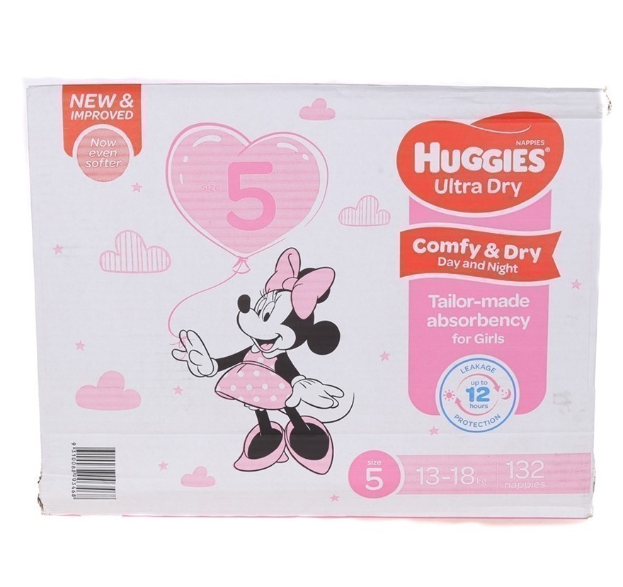 HUGGIES 132pk Ultra Dry Nappies for Girls, Size 5, 13-18kg, Minnie Mouse. N