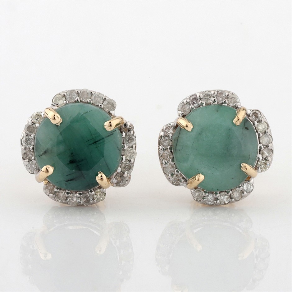Yellow Gold Natural Emerald & Diamond Earrings with Valuation