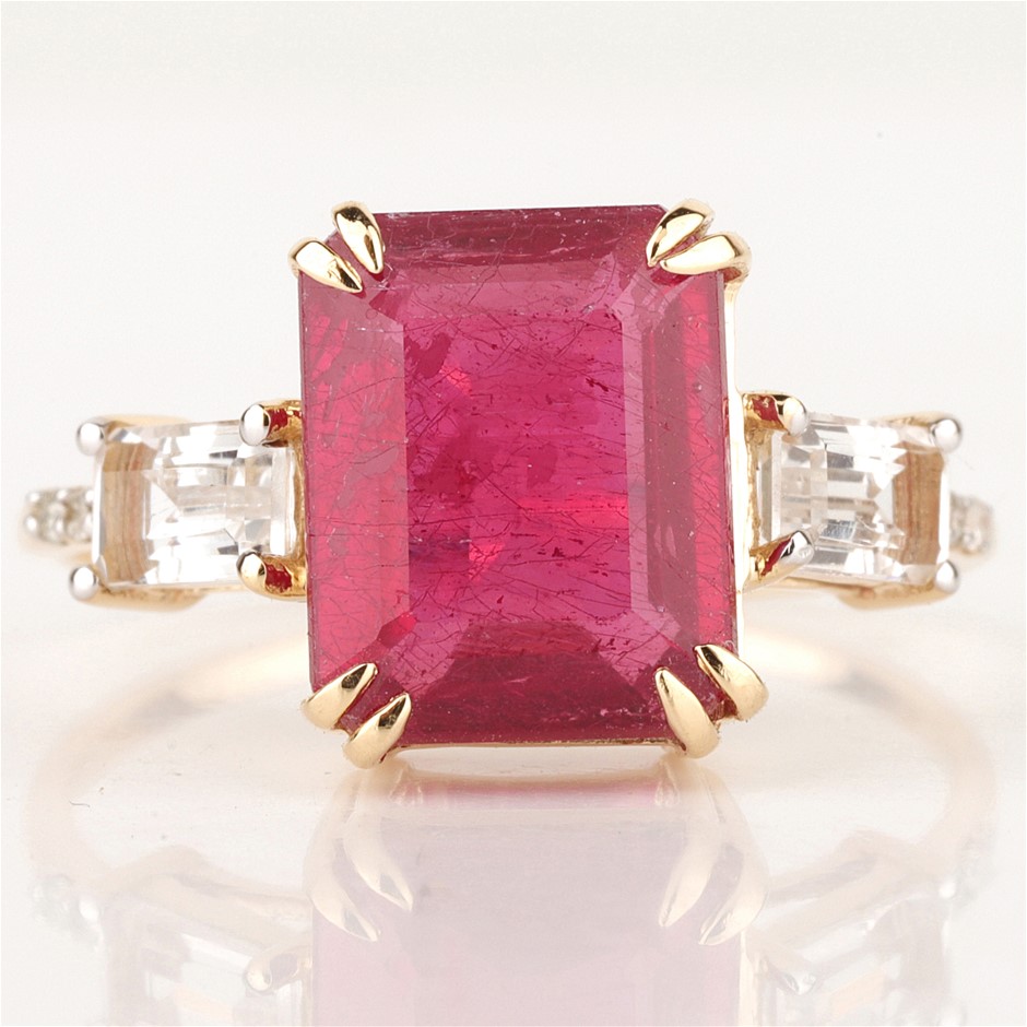 Yellow Gold Natural Ruby  & Diamond Ring  with Valuation