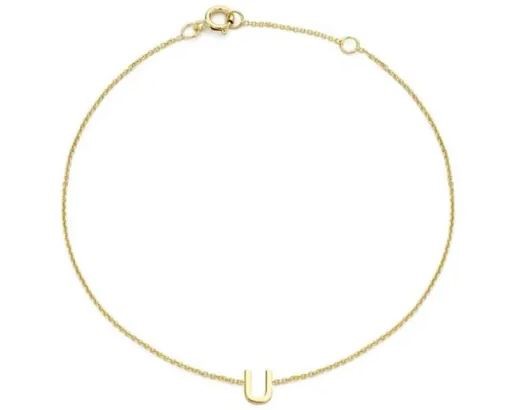 9K Yellow Gold MINI INITIAL 'U' Bracelet 15.5-19cm
