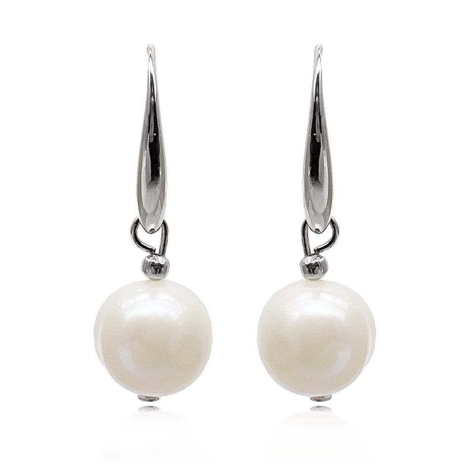 Large 10-11mm Freshwater Pearl Platinum Plated Drop Earrings
