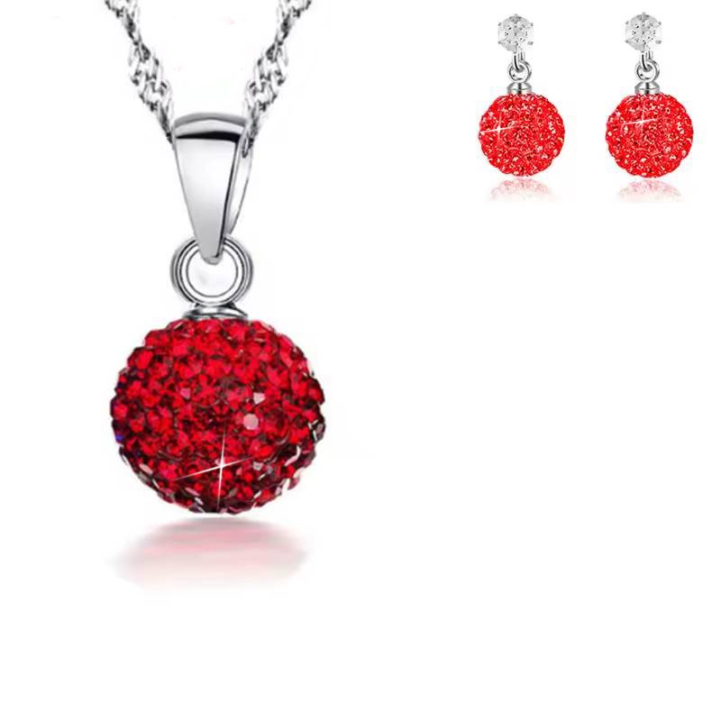 925 Sterling Silver Red Crystal Disco Ball Earring & Necklace Set