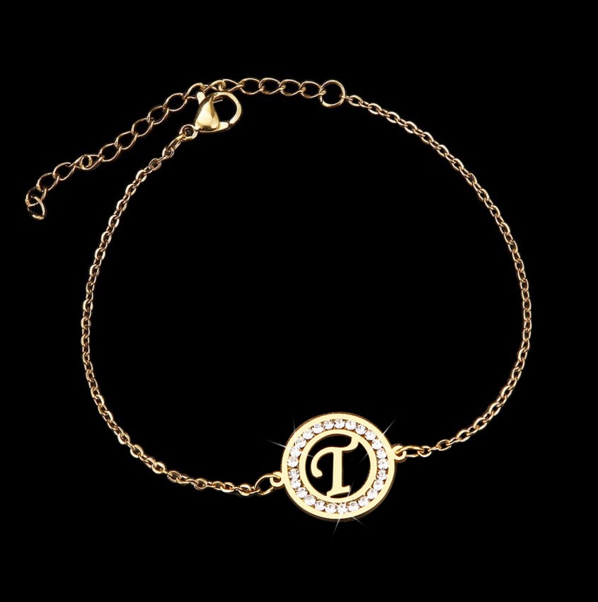 Stainless Steel Initial 'T' Bracelet with Simulated Diamonds - Yellow