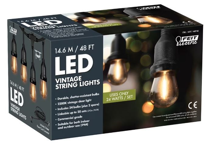 2 x FEIT LED Vintage String Lights, 14.6m. NB: Well used, not in original p