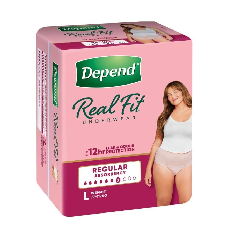 Box of 32pk DEPEND Real Fit Underwear, Regular Absorbency, Size L, 77-177kg