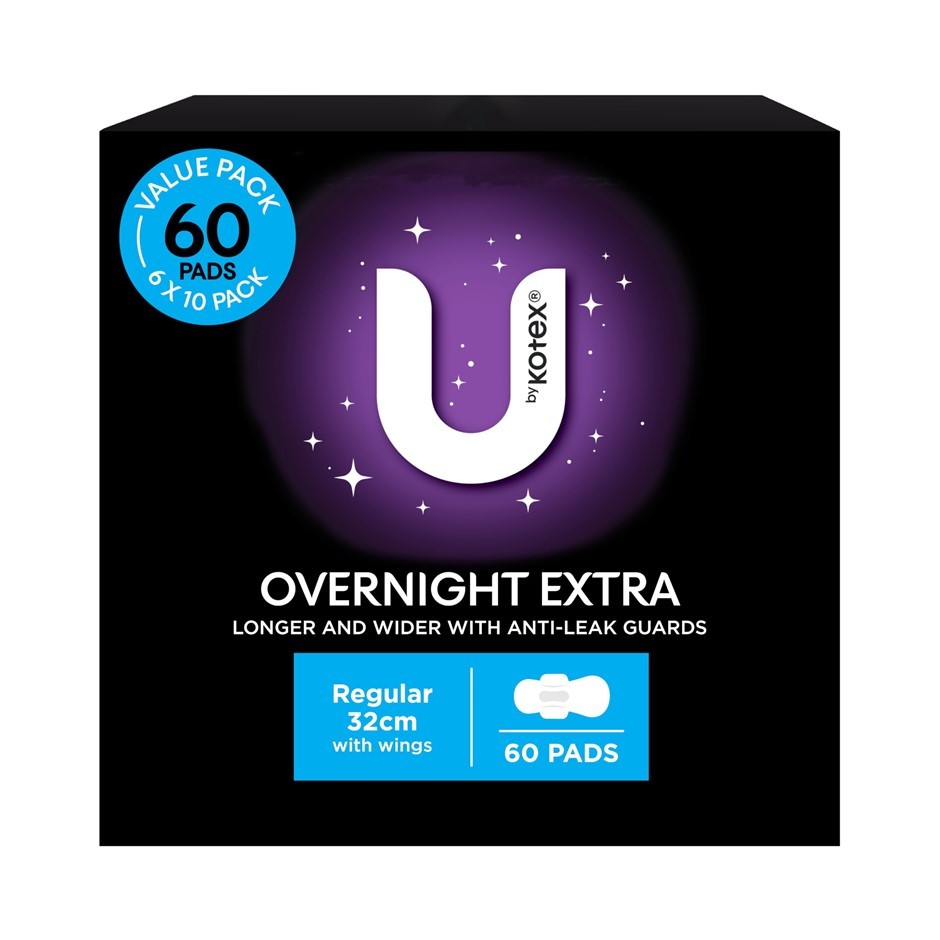 Box of 60pk U BY KOTEX Overnight Extra Regular Pads w/ Wings. N.B: Damaged